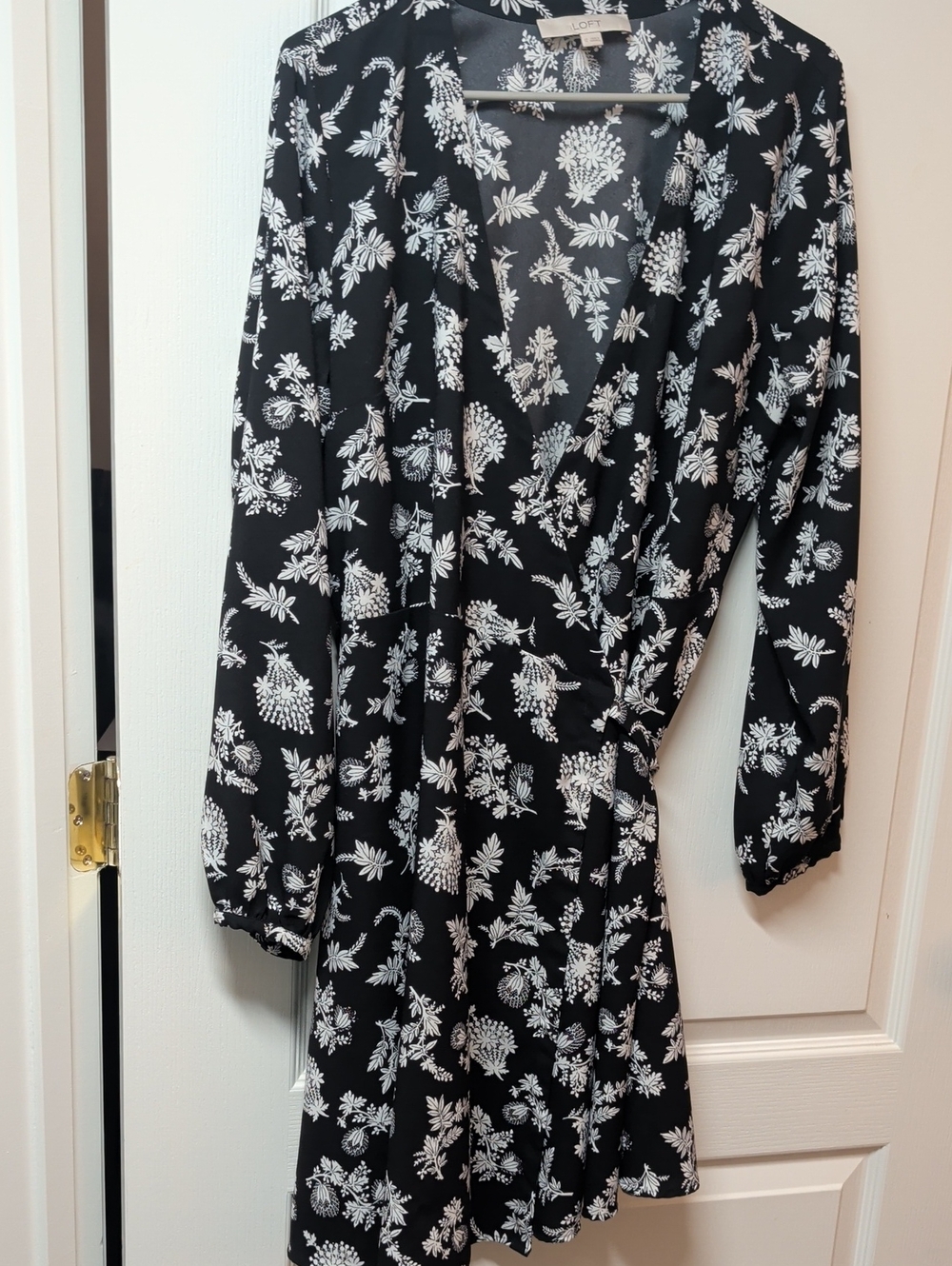 LOFT Black Floral Long Sleeve Wrap Dress